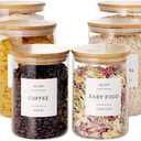 Set of 6 Glass Flour and Sugar jars with 132 Kitchen Pantry Labels - Thicken Large Glass Storage containers with Airtight Bamboo Lid - Rice Canisters for Salt Coffee(100OZ/54OZ/27OZ)