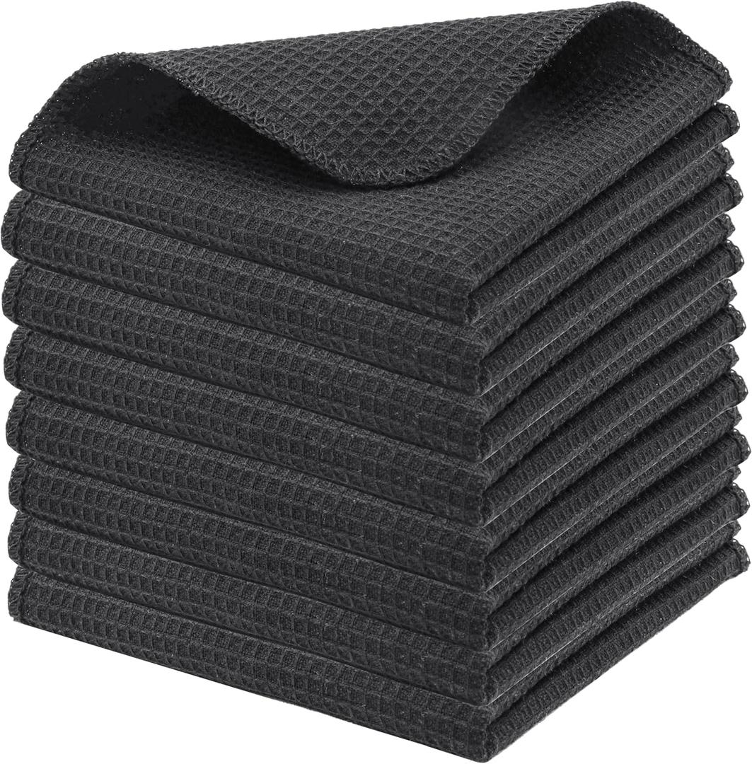 PurpleEssences Dish Cloths and Dish Rags - 8 Pack Waffle Weave Solid Kitchen Dish Wash Cloths, 100% Cotton, 12 x 12 Inches, Ultra Soft Absorbent Quick Drying - Christmas Holiday Winter - Dark Grey