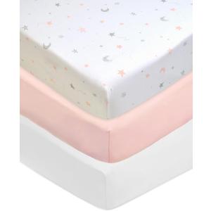 American Baby Company 3 Pack Fitted Crib Sheets 28" x 52", Soft Breathable Neutral 100% Cotton Jersey Sheet, Pink Stars/Blush/White, for Boys and Girls, Fits Crib and Toddler Bed mattresses