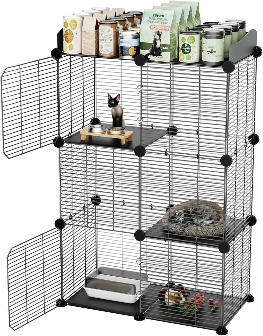 2 Tier Cat Cage Indoor, Big Wire Cat Cage Kennels Enclosures DIY Playpen Crates, Pet Pen C&C Cage for 1-2 Cats Kittens (M - 27.9" x 14.2" x 45.3")