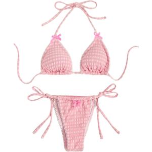 WDIRARA Women's 3 Piece Bow Bikini Set Halter Triangle Swimsuit Bathing Suit with Beach Skirt (Medium, Pink)