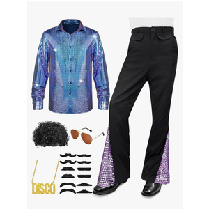 Mens 70s Disco Outfit Costume Bell Bottom Pants Shirts Wigs Necklace Mustache Sunglasses
