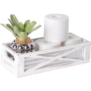 Wooden Toilet Tank Basket, Rustic Bathroom Decor Box, Farmhouse Toilet Paper Organizer Holder, Decorative Bathroom Storage Basket, Barn Door (Whitewash)