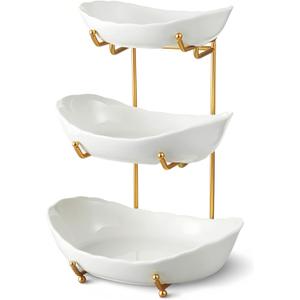 Ceramic Fruit Bowl for Kitchen Counter - 3 Tier Fruit Basket with Metal Stand, Tiered Fruit Stand for Countertop, Snack, Nuts, Cake, Dessert, Cute (Gold, Small) 1