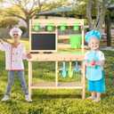 Cedar Wood Outdoor Play Kitchen for Kids, Mud Kitchen with Water Faucet, Dual-Sided Chalkboard, Storage Shelves, Cups, Removable Sink, and Pretend Stove Backyard Toddler Playset for Boys and Girls