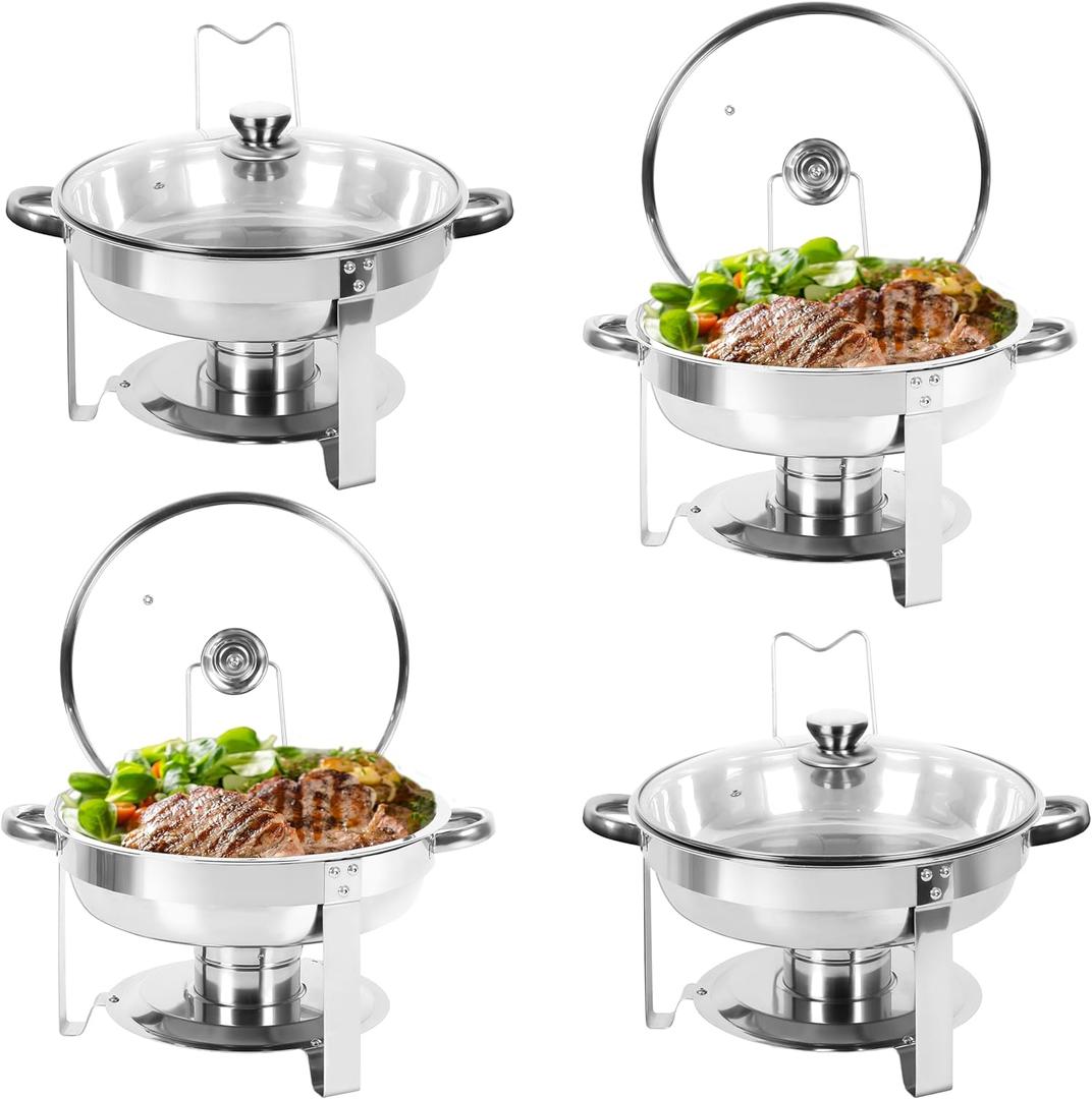 Chafing Dish Buffet Set of 4, 5QT Round Stainless Steel Chafer for Catering, Upgraded Chafers and Buffet Warmer Sets with Glass Lid & Holder, Frame, Fuel Holder for Event Party Wedding Holiday
