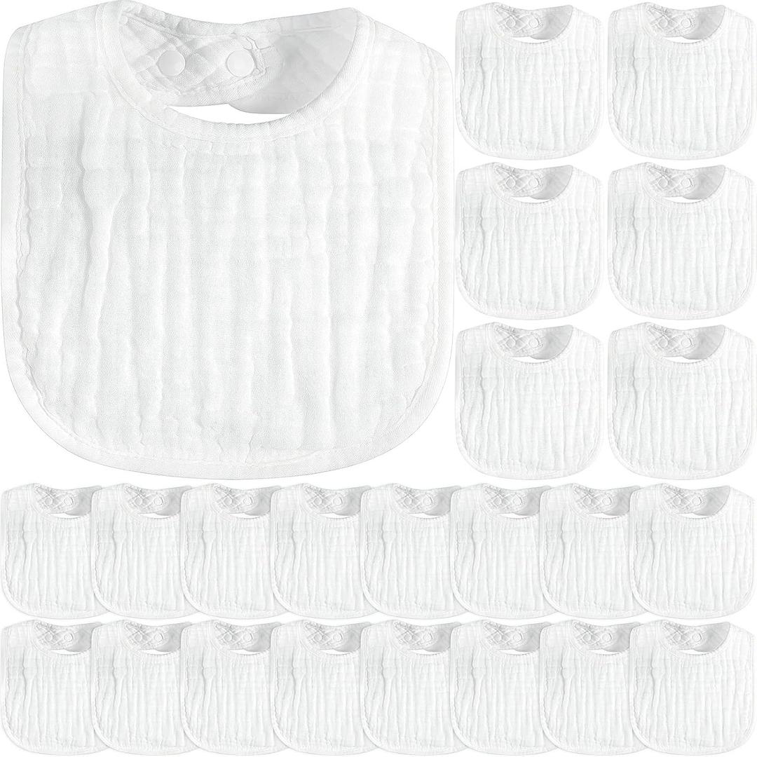 Zhanmai 20 Pack Muslin Baby Bibs Adjustable White Drool Bandana Bibs 6 Absorbent Layers for Newborn Baby Girl Boy Feeding, Drooling and Teething, Machine Washable