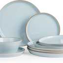 Famiware Saturn Dinnerware Sets, Plates and Bowls Sets for 4, 12 Pieces Stoneware Dish Set - Chip and Scratch Resistant, Microwave and Dishwasher Safe Tableware Set, Light Blue with Rim