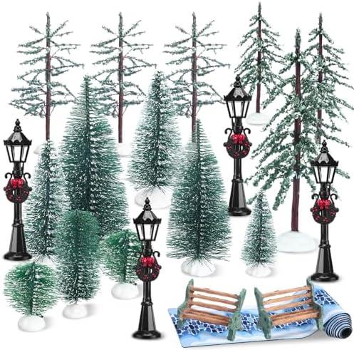 Halloscume 16 Pcs Christmas Village Sets Accessories Miniature Pine Trees Christmas Village Frosted Christmas Tree Figurine Streetlight Lamps Village Street Mat Park Bench Seat for Xmas Winter Decor
