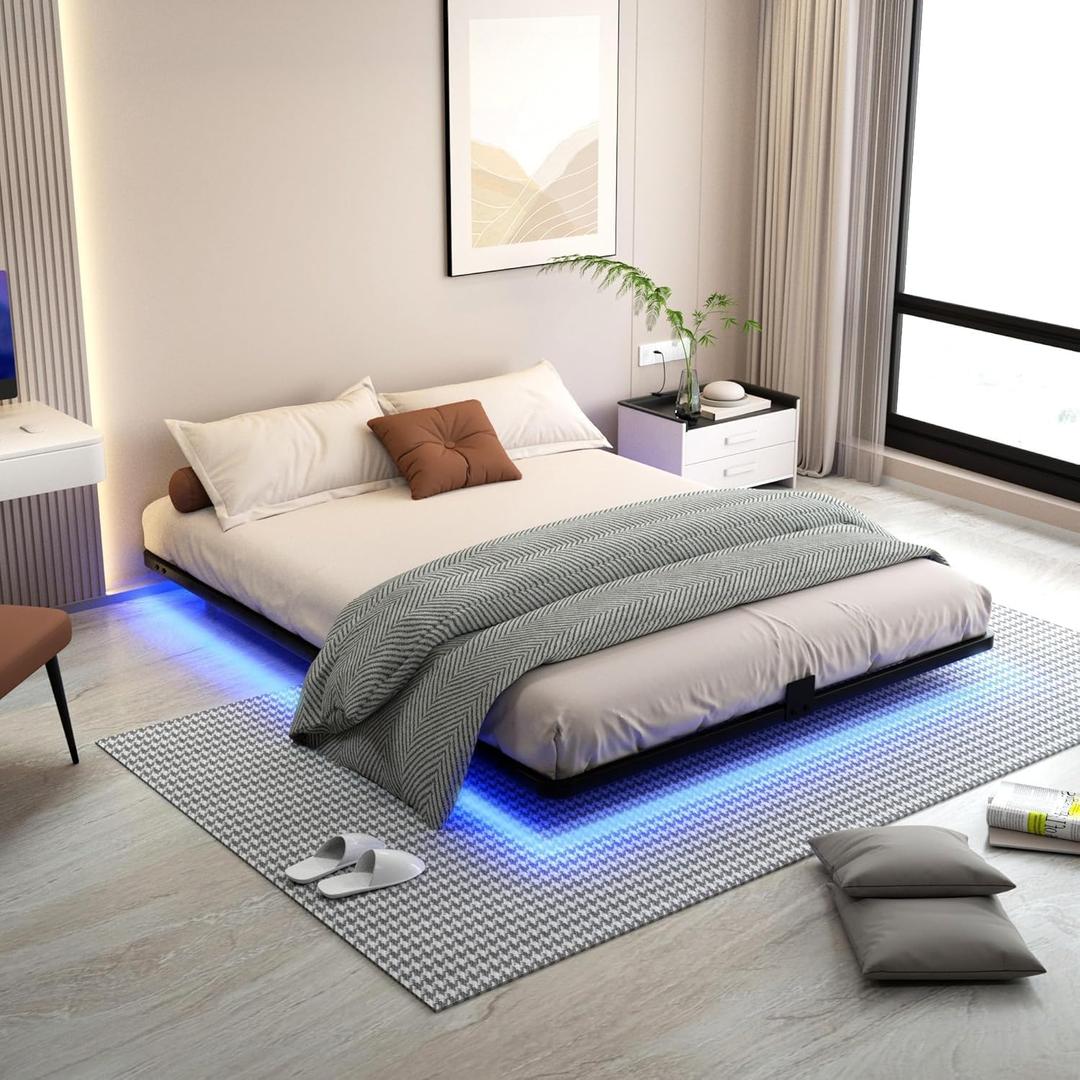Queen Floating Bed Frame with LED Lights - Modern Metal Platform Bed Frame - Noise Free No Box Spring Needed and Easy Assembly,60W x 80L in
