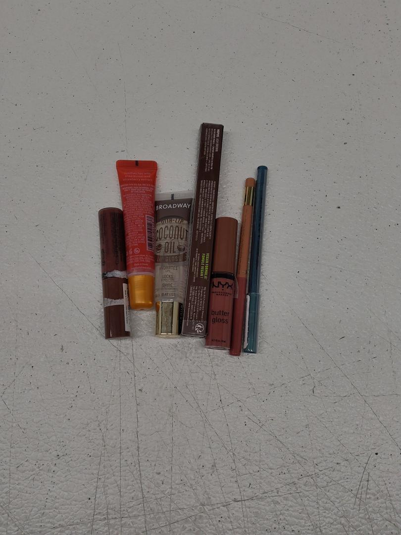 Set of 6: 1. Nyx Professional Makeup Butter Gloss. 2. Nyx Professional Makeup Micro Brow Pencil. 3. Nyx Professional Makeup Epic Wear Liner. 4. Tree Hut Sugar Lips Lip Butter. 5. L'Oreal Paris Colour Riche Lip Liner Pencil. 6. Ruby Kisses Broadway Vita-Lip Cle