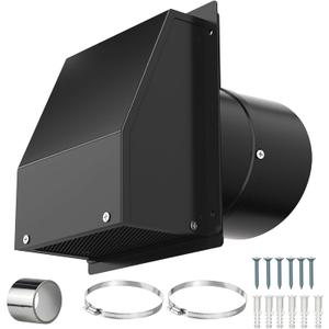 8 Inch Hooded Wall Vent Cover for Dryer Vent - Galvanized Steel Exhaust Cap with Damper & Screen, Outdoor Bathroom Fan/Range Hood Vent (Includes Tape & Clamps) (Black)
