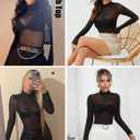 Mesh Top for Women Long Sleeve Mock Neck Mesh Shirt Sheer Top Solid Floral Tee Shirts S-XXL (Black, S)