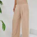Womens Elastic High Waisted Wide Leg Pants Casual Loose Flowy Palazzo Pant Long Lounge Capri Trousers with Pocket (Beige, M)