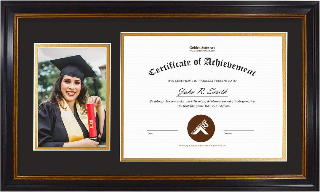 Golden State Art, 11x19.5 Diploma Frame for 8.5x11 Document/Certificate and 5x7 Picture - 2 Openings - Black with Gold Trim and Burgundy Accents - Black over Gold Double Mat - Real Glass - Wall Mount, 13x21.5 Frame