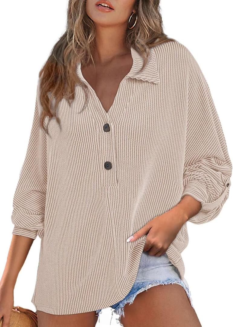 Astylish Women's Casual Blouses Button Down Business Batwing Tops Long Sleeve V Neck Ribbed Shirts 2025 Fall Outfit (Beige, M)