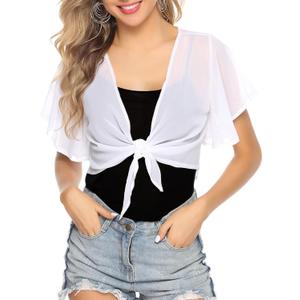 iClosam Women Tie Front Chiffon Shrug Short Sleeve Cropped Sheer Bolero Shrug Cardigan (Small, White)
