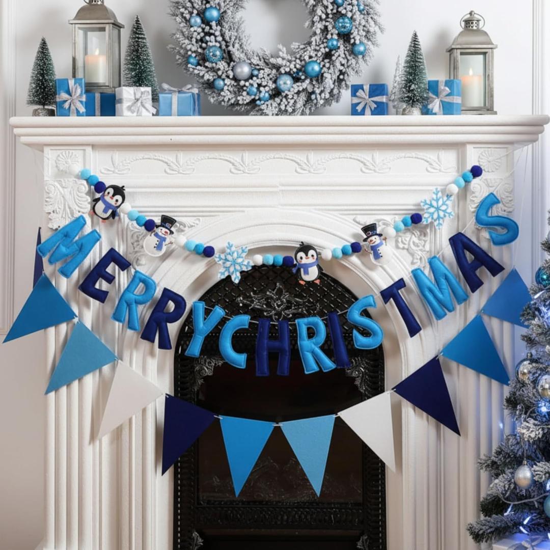 VitalCozy 3 pcs Pre Strung Merry Christmas Banner Felt Merry Christmas Garland Felt Pennant Flag Xmas Sign Outdoor Indoor Decoration for Holiday Party Supplies Home Porch(Blue, White, Winter)