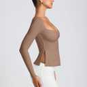 REORIA Womens 2025 Fall Trendy Tops Long Sleeve Shirts for Women Square Neck Going Out Side Slit Tshirts Cute Basic Tee (Beige, M)