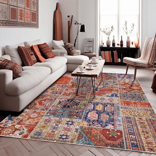 Boho Rug 5x7 for Living Room,Bohemian Colorful Non-Slip Washable Machine Soft 70s Funky Patriotic Independence Day Decor Vintage Area Rugs for Bedroom,Terracotta Rust Burnt Orange Red and Navy Blue