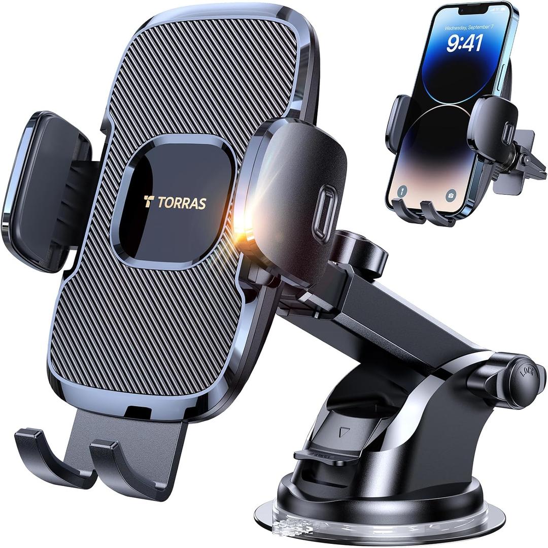 TORRAS [Ultra-Durable Cell Phone Holder for Car, Universal Mount Dashboard Windshield Vent Compatible with iPhone 16 15 14 13 12 Pro Max, Samsung Galaxy S23+ Ultra S10 Note Plus (classic, Black)