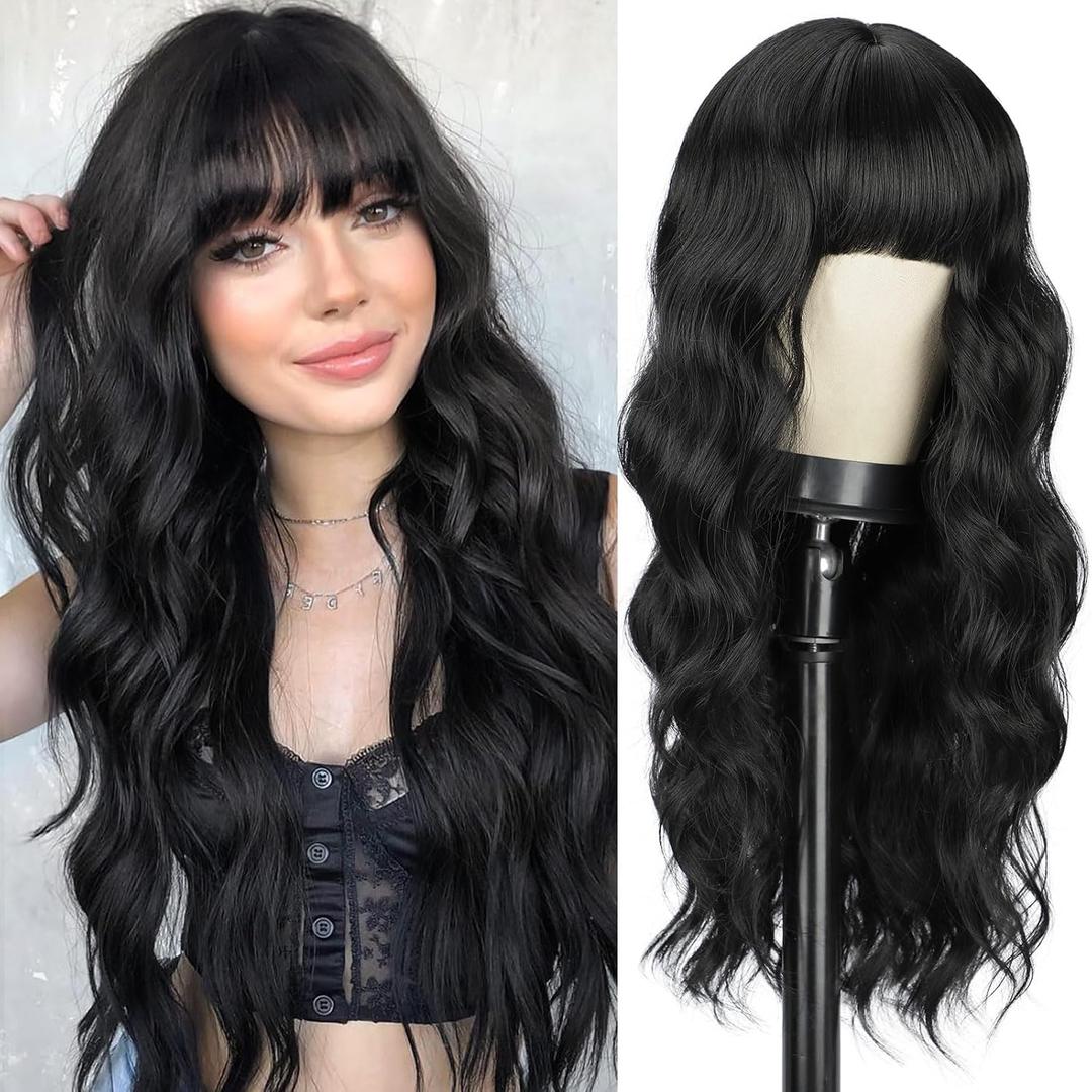 BOGSEA Black Wigs with Bangs Long Wig for Women Long Wavy Wigs with Bangs Synthetic Heat Resistant Fiber Wigs for Daily Party 24 Inch