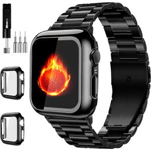 Compatible with Apple Watch Band 49mm 46mm 44mm 45mm 42mm 40mm 38mm 41mm, Stainless Steel iWatch Bands with 2 Pack Tempered Glass Screen Case for Series 10/9 Ultra 2 8/7/6/5/4/3/2/1/SE for Men (42mm(Series 10), Jet Black)