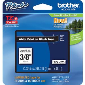 Brother Genuine P-touch TZE-325 Tape, 3/8" (0.35") Wide Standard Laminated Tape, White on Black, Laminated for Indoor or Outdoor Use, Water-Resistant, 0.35" x 26.2' (9mm x 8M), Single-Pack, TZE325