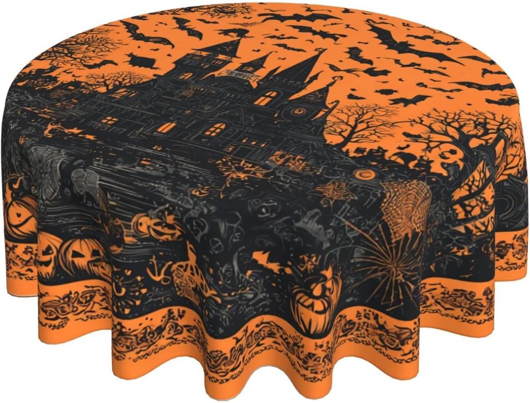 Halloween Haunted House Round Tablecloth 60 Inch, Bats Decorations Round Table Cloth for Halloween Holiday Picnic Party Kitchen/Home Dining Decor