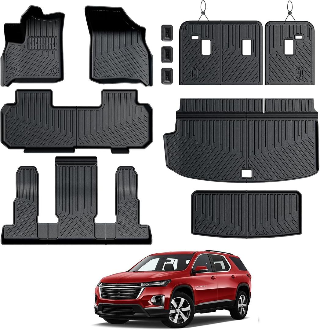 Floor Mats for Chevy Traverse 2018-2023, All Weather Floor Mats Trunk Cargo Liner with Backrest Protectors Accessories, Full Coverage Set (Fit 7 Sests)