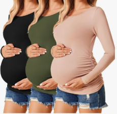 Ekouaer Womens Maternity Shirts Long Sleeve 3 Packs Pregnancy Tee Top Tunic Blouse Casual Mama Clothes, Size Medium