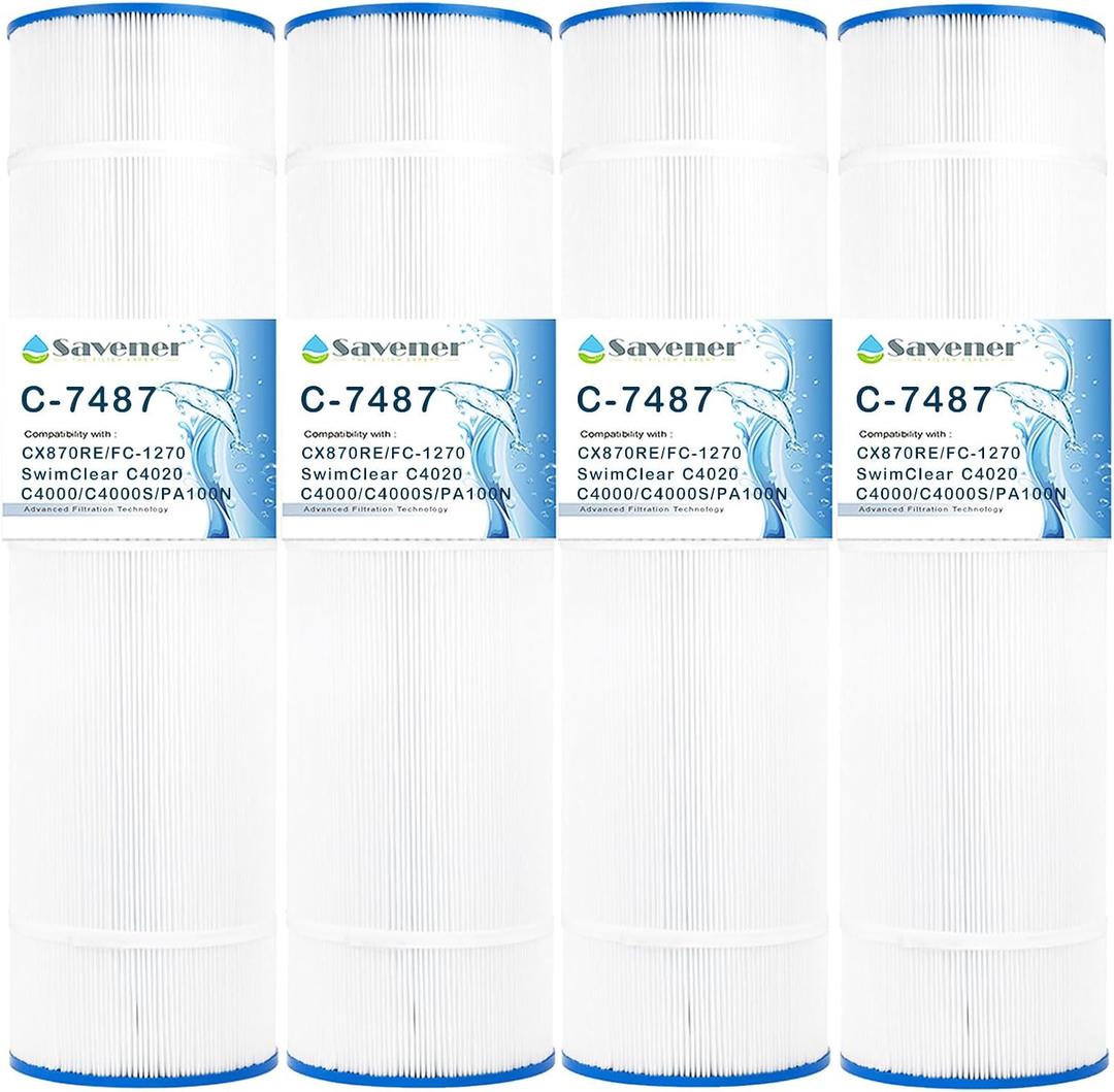 Savener® C-7487 Pool Filter Cartridge, Replaces PA100N, PA100N-4, Unicel C-7487, Filbur FC-1270, Hayward CX870RE, C4020, 17-175-1037, SD-00551, HF7487-04, Zhenx C-7487, 100 Sq. Ft, 4 Pack