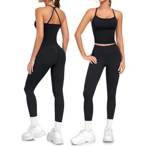 2 Piece Workout Sets for Women Halter Neck Cross Back Tank Top Macthing High Waist Leggings Sets Gym Outfits (Small, Black)