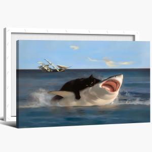 Funny Black Cat Wall Art Quirky Cat and Shark Pictures Canvas Print Abstract Ocean Animal Posters Wall Decor for Room Bedroom Living Room Bathroom Hilarious Sea Life Painting 12x18inch Framed (12L" x 18W")