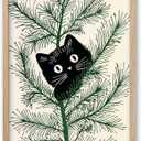 iHery Natural OAK Wood Framed Whimsical Black Cat Wall Art, 12x16in Christmas Funny Bathroom Wall Art, Festive Minimalist Canvas Wall Decor, Modern Holiday Pictures For Bedroom Living Room 1Pack