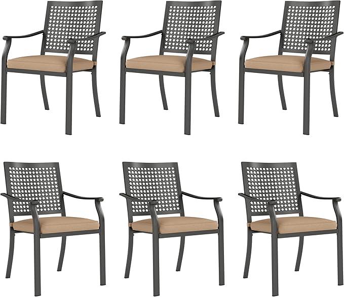 Outdoor Swivel Chairs Set of 6, Patio Wrought Iron Dining Chairs with Cushions and Pillows, All Weather Heavy-Duty Black Metal Steel Seating Furniture for Outside Deck, Porch, Backyard
