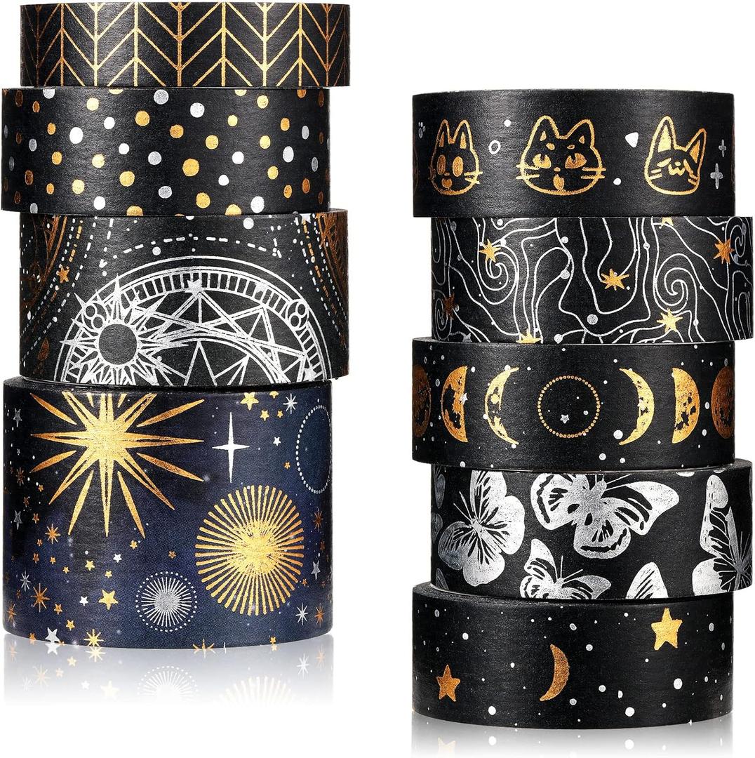 Tinlade Vintage Book Washi Tape Set 9 Rolls Gothic Silver Gold Pattern Foil Masking Tape Butterfly Star Moon Aesthetic Decorative for Arts, Book, DIY Crafts and Gift Wrapping