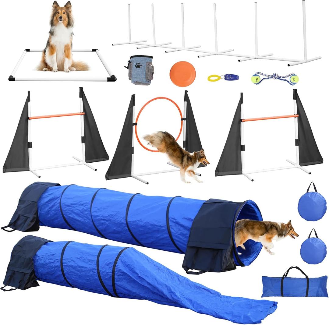 Agility Training Equipment for Dogs, Dog Agility Equipment for Backyard&Indoor Training-Professional Backyard Course with Adjustable Jumps, Collapsible Tunnel, Storage Bags&Toys (Blue, 13 PCS SET)