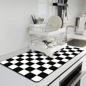 Dish Drying Mat for Kitchen, 16'' x 24'' Coffee Bar Mat for Countertops, Checkered Coffee Station Mats with Non-slip Rubber Backed, Absorbent Dish Dying Mat for Kitchen Counter, Black & White