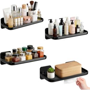 4 Pack Floating Shelves for Wall, Self Adhesive Small Shelf, No Drill Adhesive Wall Shelf, Floating Shelves Damage-Free Expand Walls Space for Living Room Kitchen Bathroom (Black)