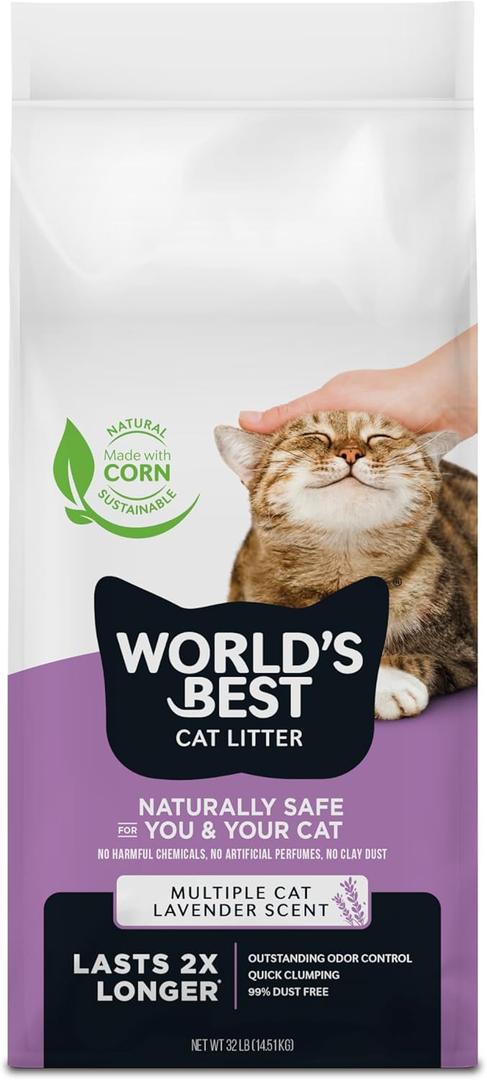 WORLD'S BEST CAT LITTER Multiple Cat Lavender Scented 32-Pounds - Natural Ingredients, Quick Clumping, Flushable, 99% Dust Free & Made in USA - Calming Fragrance & Long-Lasting Odor Control