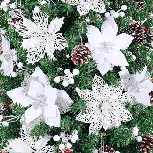 56 Pcs Christmas Tree Decorations, Christmas Ornaments Set with Poinsettias Artificial Flowers, Berry Stems and Pine Cones, Xmas Floral Decor for Tree, Wreath and Garland (White)