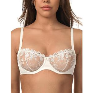 Wingslove Women's Sexy Lace Bra Demi Sheer Mesh Balconette See Through Bralette Unlined Underwire Embroidered (White, 38 D)