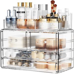 ZHIAI Stackable Storage Drawers, Acrylic Bathroom Counter Organizer Clear Makeup Organizers for Vanity, Kitchen Cabinets, Bathroom, Undersink, Home Organization and Storage (1 Top 4 Drawers D) ((2 Base, 2 Drawers) with Top)