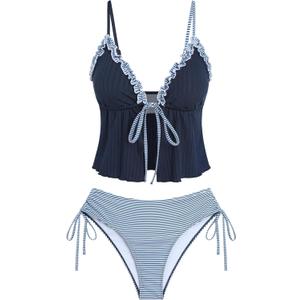 ZAFUL Tankini Swimsuits for Women Smocked Ruffles Tie Front Bowknot Textured High Cut Tanga Tankini Set (Blue, XL)