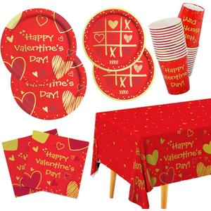 Valentine's Day Party Supplies Red Heart Love Disposable Paper Plates Napkins Cups plastic Tablecloth for Valentine's Day, Engagements, Anniversary, Birthday Party Serve 25