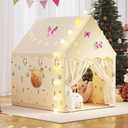 Kids Play Tent, Princess Tent Indoor Playhouse Set with Star Lights, Ball Lights, Colorful Flags, Butterflies - Large Tents for Kids Toddle Castle for Girls Toy House Gift (Beige)