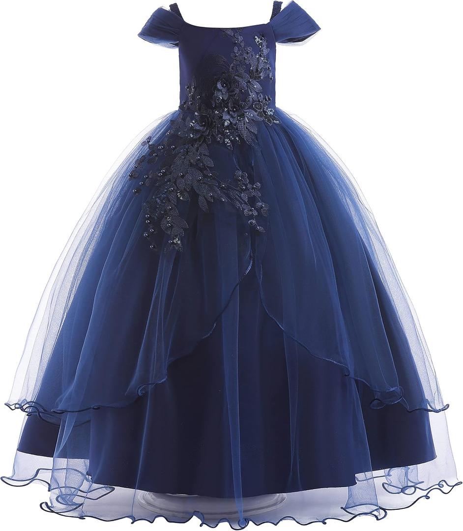 Weileenice Vintage Off the Shoulder Flower Girl Dress Lace Embroidery Little/Big Girls Wedding Bridesmaid Holiday Ballgown,  4-5T