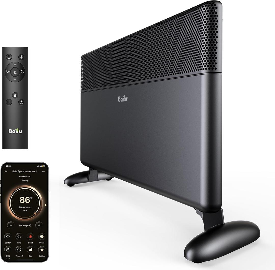 Ballu Convection Panel Heater,1500W Space Heater for Large Room Indoor Use With Programmable Thermostat, WiFi App Control, Smart Quiet, Works With Alexa,Black