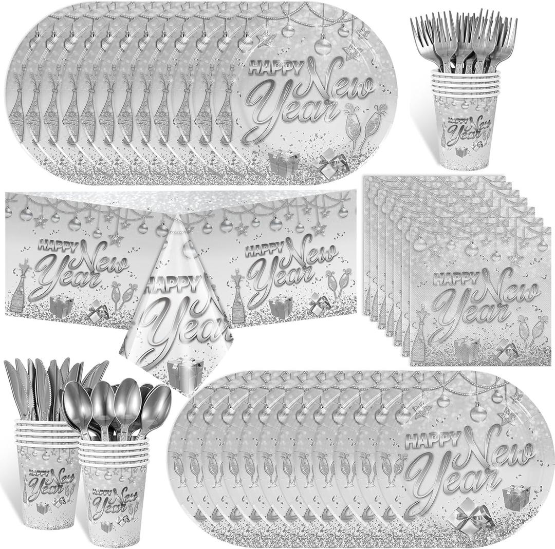 HOWAF 97pcs Silver New Years Decorations Party Tableware Set, Serves 12, New Years Plates and Napkins Cups New Year Eve Party Tablecloth Cutlery Disposable Dinnerware Set for NYE Decorations 2026
